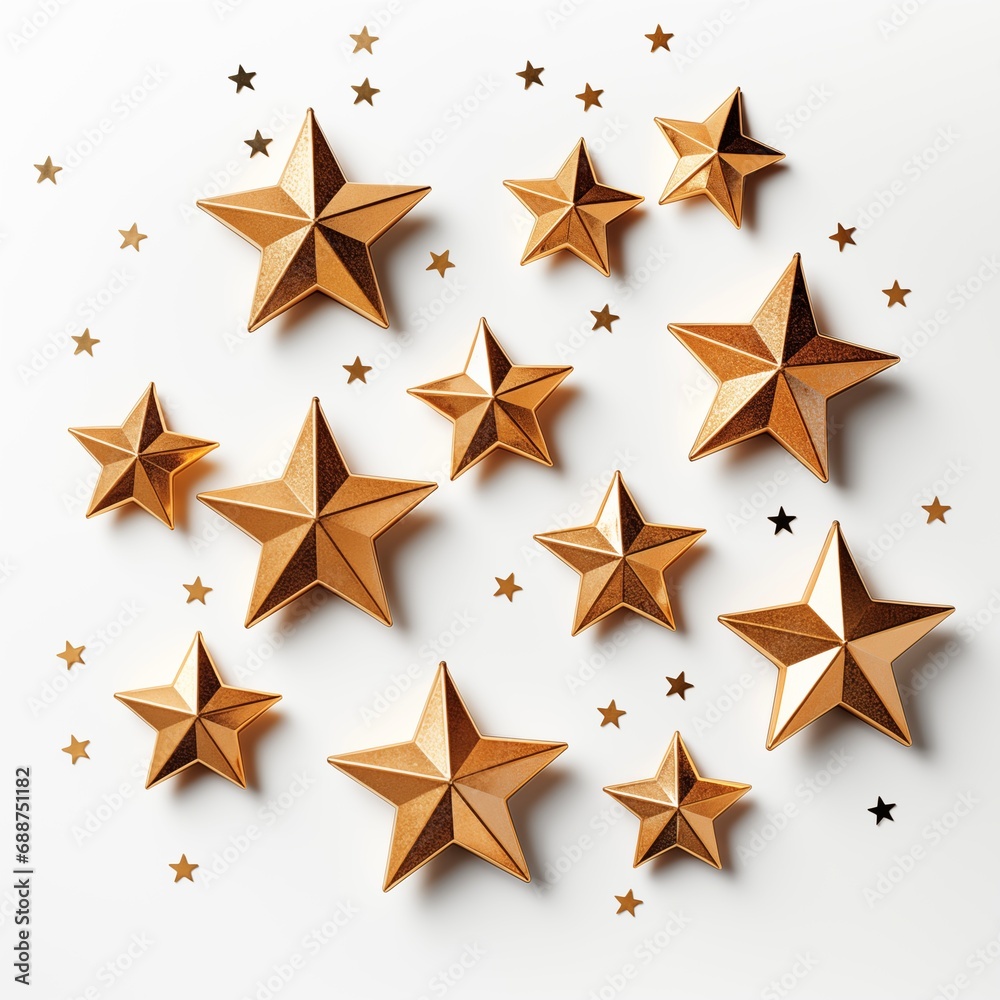 Obraz premium Scattered golden stars isolated on white background, generative ai