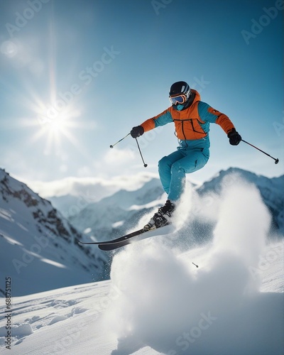 skier jumping in the snow mountains sunny day, behind it there are snow dust and clouds

 photo