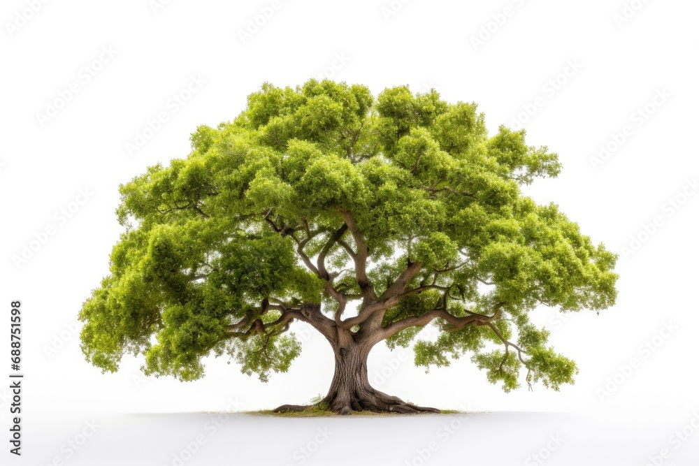 Lush green oak tree with leaves and bright vegetation on a white background. Lush green oak tree with leaves and bright vegetation on a white background.