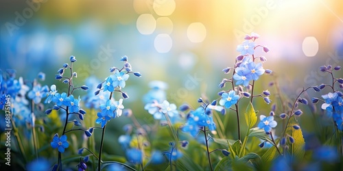 Delicate forget-me-not flowers in a bright spring meadow are an explosion of color and beauty in nature.