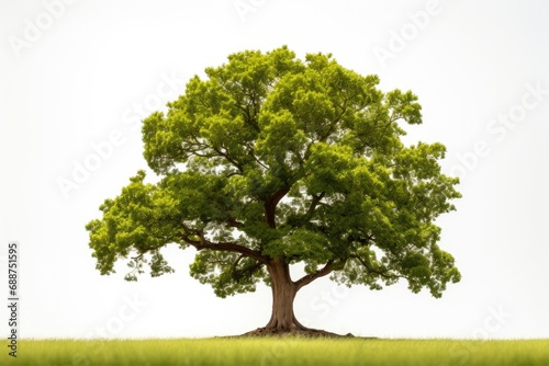 A mighty oak tree in a quiet village meadow, symbolizing strength and loneliness on a white background.