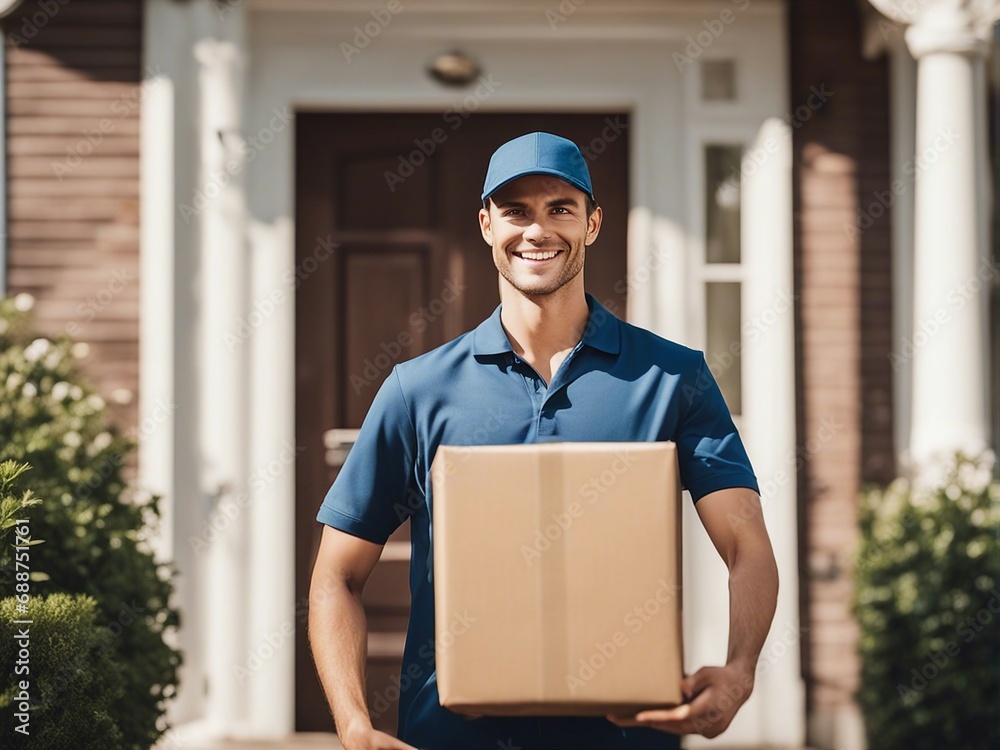young handsome smiling delivery mailman person with uniform delivering parcel cardboard box in front
young handsome smiling delivery mailman person with uniform delivering parcel cardboard box in front