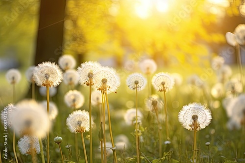 A sun-drenched meadow in spring or summer, adorned with brightly colored dandelion flowers and their fluffy seed heads in the gentle breeze.