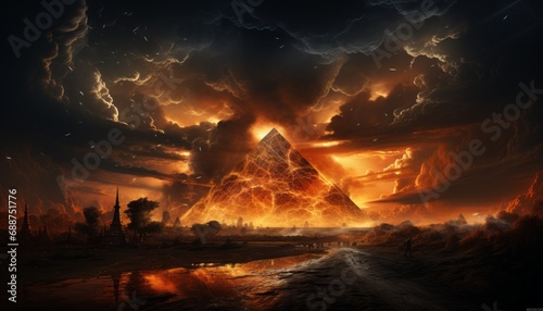 Fiery Pyramid under Stormy Skies