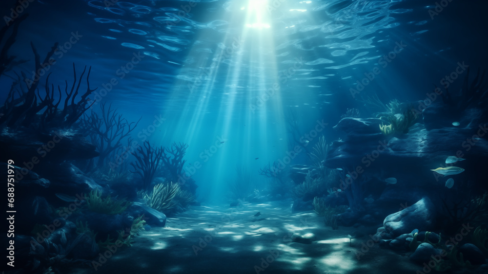 Serene Underwater Beauty: Shallow Depths with Coral, Rocks, and Light Rays