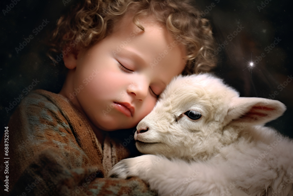 A little boy sleeps with a lamb A little boy sleeps with a lamb