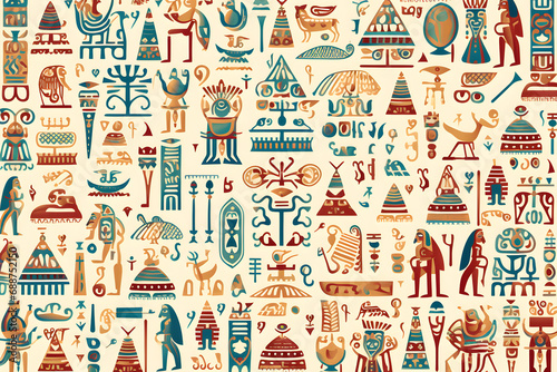 Colorful Egyptian hieroglyphics pattern on beige background photo