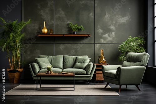 In a modern interior of a living room, a grey sofa, coffee tables, and a green armchair are set against a black concrete wall