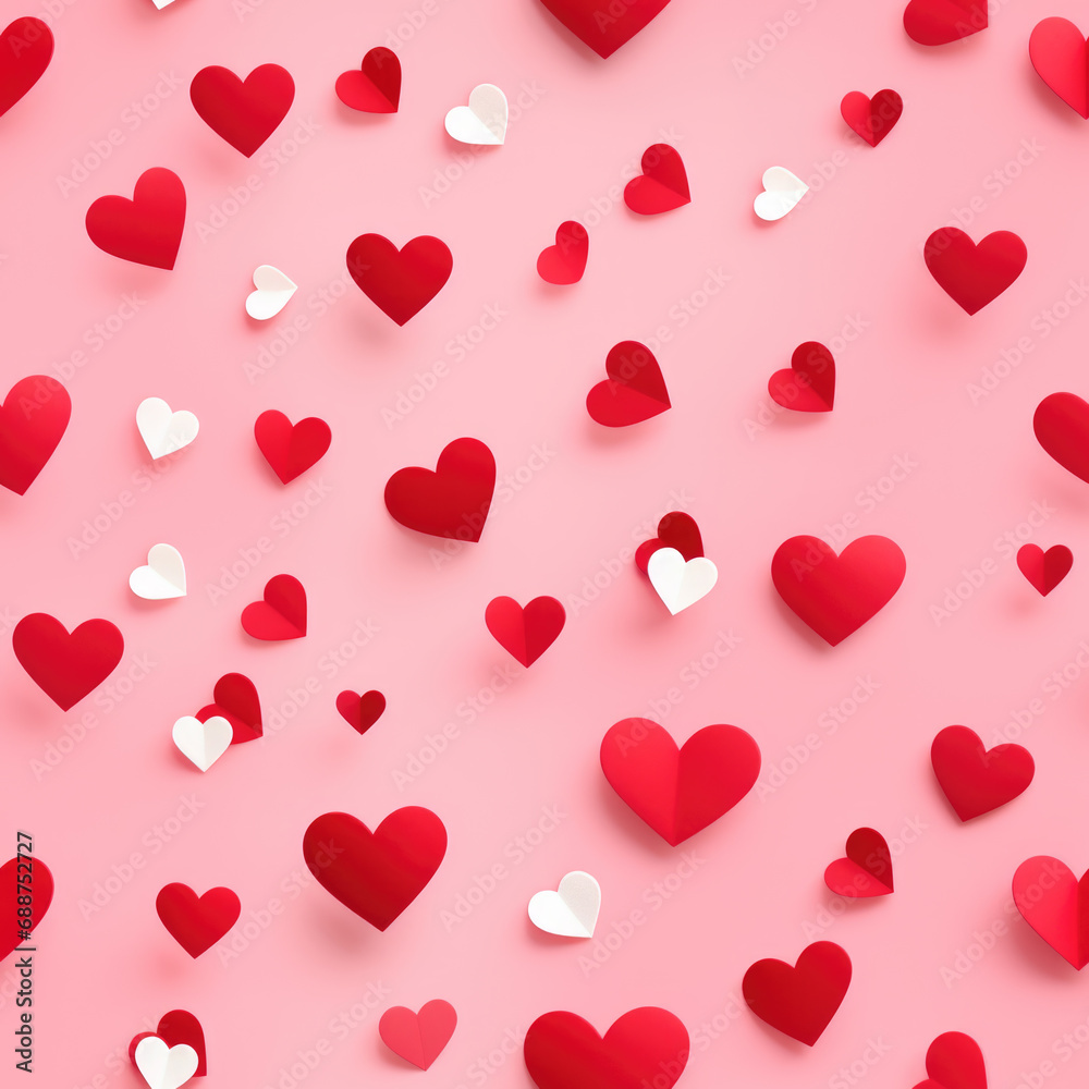 Red and white paper hearts on pink. Concept of love and celebration.
