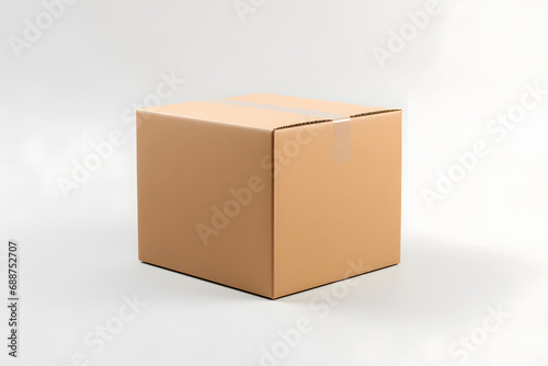 Single cardboard box with taping on light background © alexandr