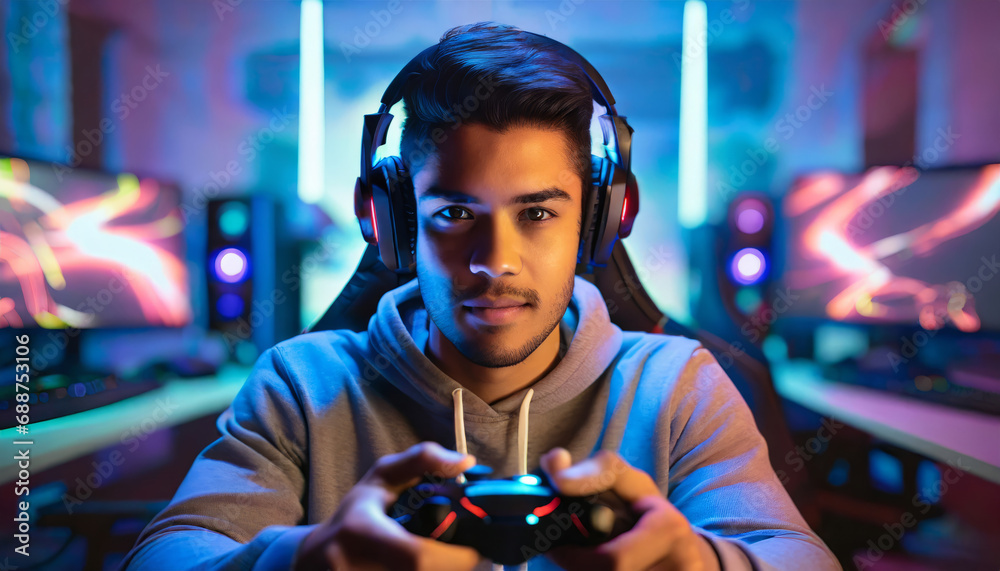 Obraz premium Enthusiastic gamer guy with gamepad