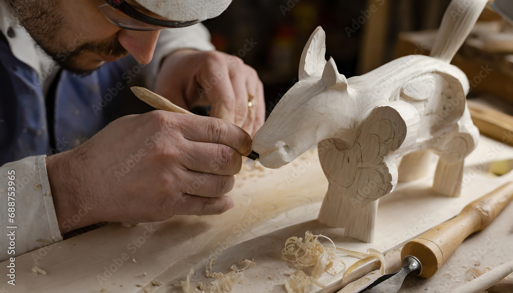 Man's hands carving wooden animal figure up close - obrazy, fototapety, plakaty 