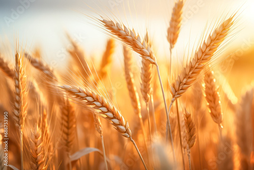 Goldenes Weizenfeld mit reifen Ähren in der Abendsonne, Generative AI photo