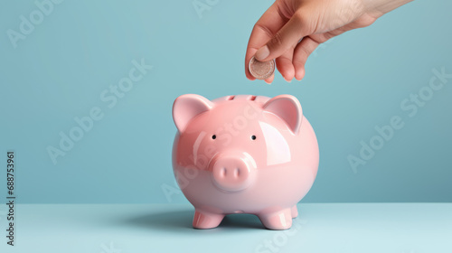 Hand inserting a coin into a pink piggy bank, symbolizing personal savings and financial planning.