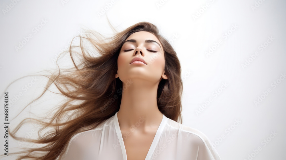 Hair in the Breeze: Young Lady with Brown Hair Posing Against Clear Background, Eyes Shut, Perfect for Hair and Beauty Sector Marketing Hair in the Breeze: Young Lady with Brown Hair Posing Against Clear Background, Eyes Shut, Perfect for Hair and Beauty Sector Marketing