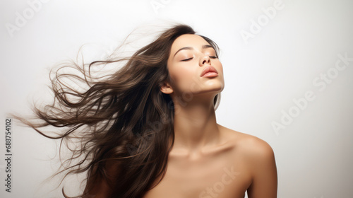 Wind's Whisper: Brunette Woman Posing with Fluttering Hair, Eyes Closed on Clean Background, Ideal for Fashion and Haircare Industry Promotion