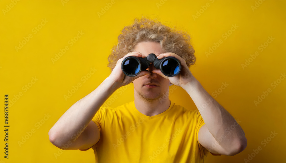 Curious man looking through binoculars Curious man looking through binoculars