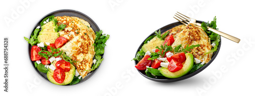 Omelette Served with Avocado and Cherry Tomatoes, Healthy Breakfast