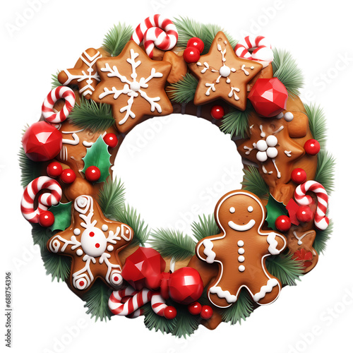 Cute Christmas wreath made of gingerbread cookies isolated on transparent background