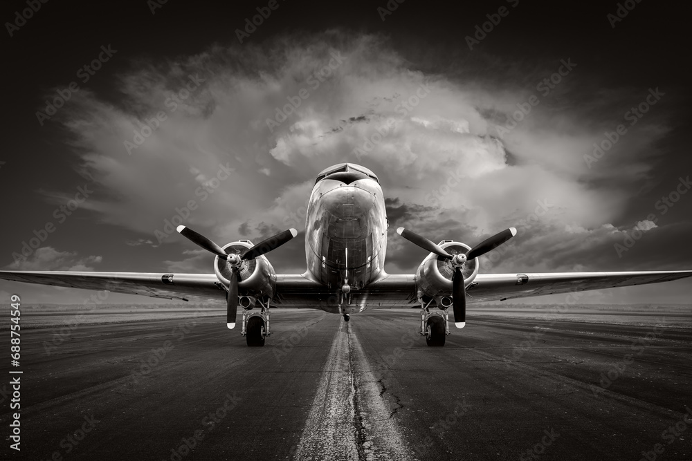 Fototapeta premium historical aircraft on a runway against a dramatic sky