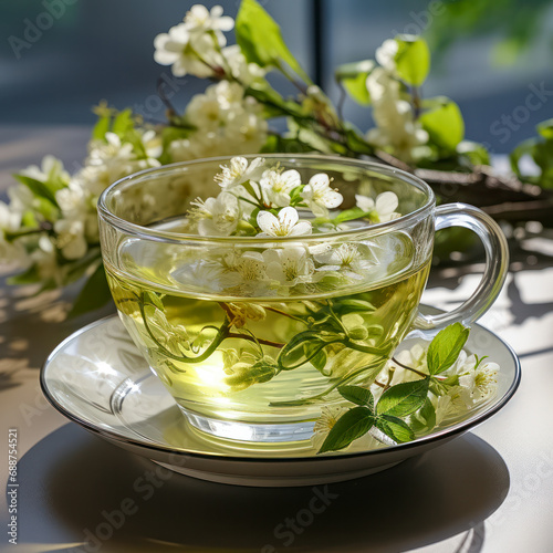Eine Tasse frischer Grüner Tee, Kräutertee, Generative AI
