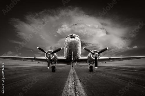 historical aircraft on a runway against a dramatic sky photo