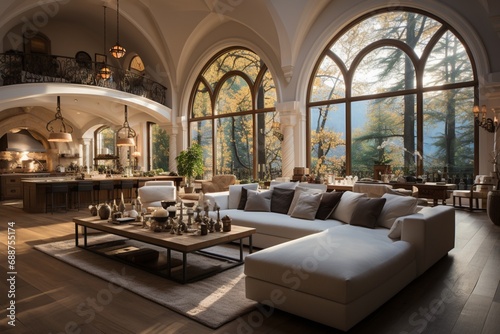 Traditional interior design characterizes the modern mansion with an arch
