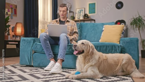 Hardworking freelancer working remotely while sitting on soft couch in home. Young man with headset speaking with client and using laptop. Beside male lying his dog which wants to play with him. photo