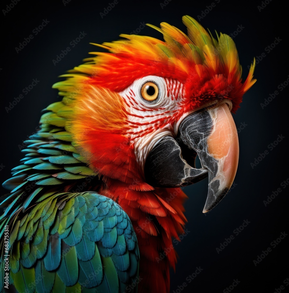 the colorful parrot has a bright red and orange beak and head,