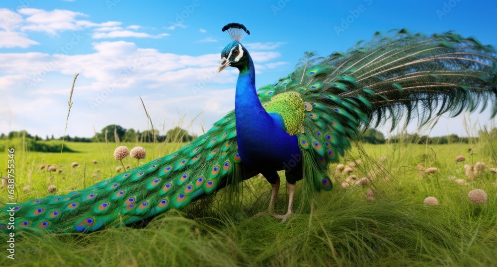 Fototapeta premium the green and blue peacock is standing in a green field,