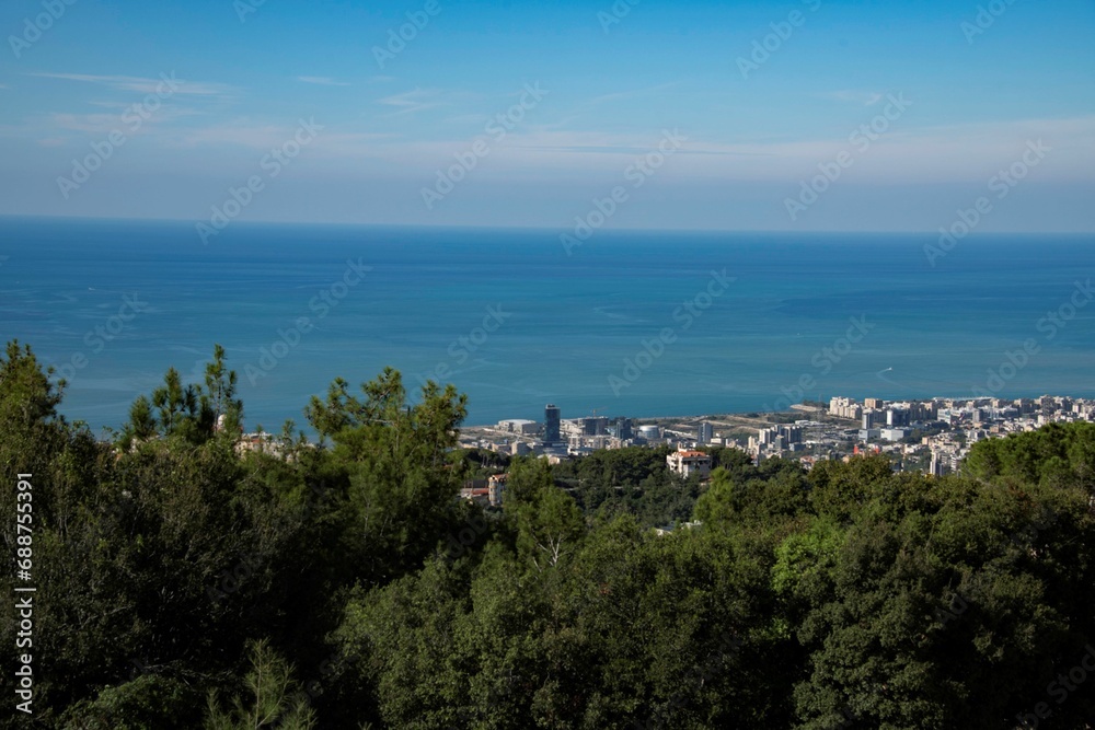 looking down at Beirut and the Mediterranean sea from a distant hill