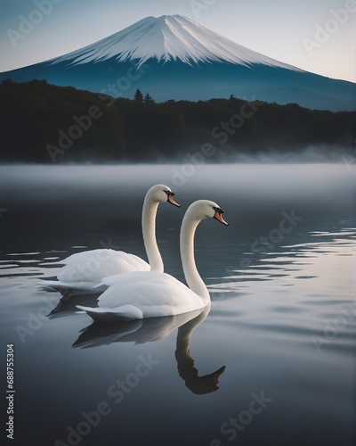 White swans swimming in the foggy and cloudy lake  Mount Fuji in the background 