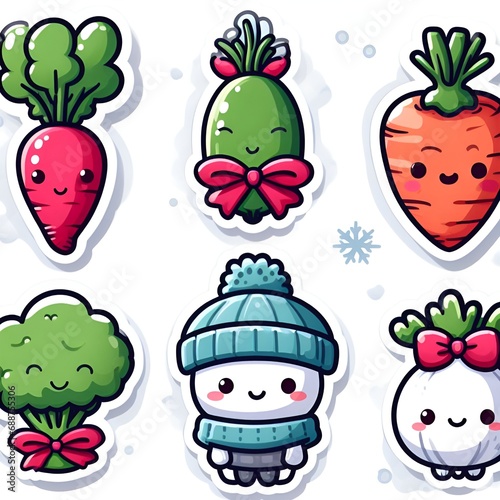 Set of stickers or patches with diet food, fruits, vegetables, on a white background, cute characters. Isolated elements for design, flat vector illustration.