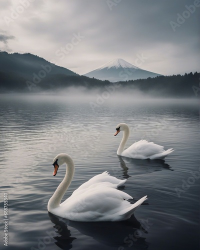 White swans swimming in the foggy and cloudy lake  Mount Fuji in the background 
