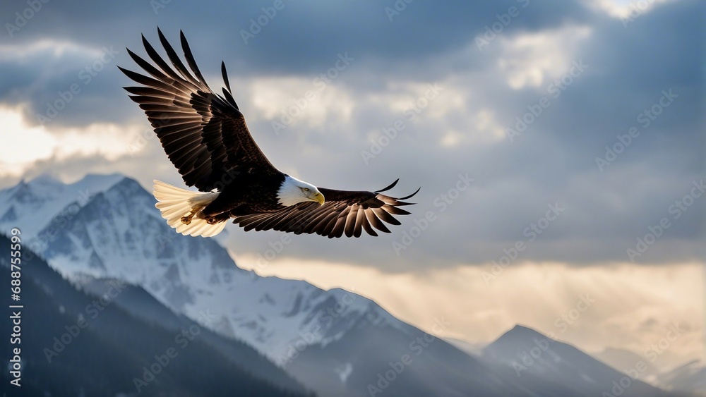 bald eagle flyin over mountains with wings spread, sunlight coming from behind
bald eagle flyin over mountains with wings spread, sunlight coming from behind