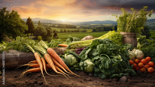 Freshly harvested vegetables laid out on the soil, highlighting the bounty of organic agriculture.