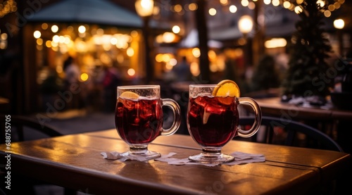 two glasses of hot cider on a wooden table,