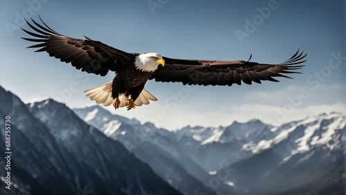 bald eagle flyin over mountains with wings spread, sunlight coming from behind 