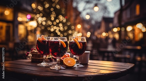 two glasses of hot cider on a wooden table,