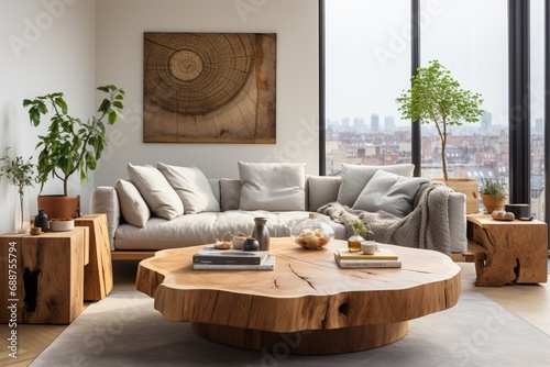 Two wooden live-edge stump coffee tables accompany a corner sofa in a spacious apartment, epitomizing Scandinavian minimalist home interior design in a modern living room