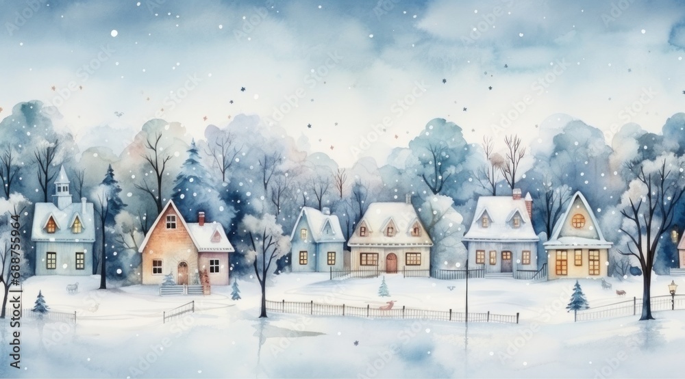 Fototapeta premium watercolor christmas village of cottages yankee townscape,