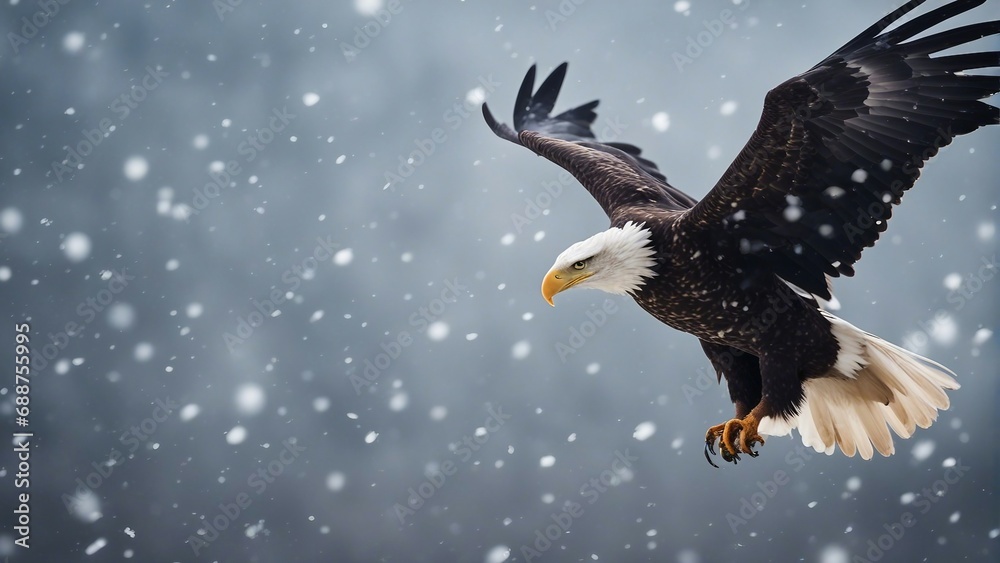 Fototapeta premium bald eagle flying towards the camera in snowfall