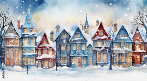 watercolor christmas village of cottages yankee townscape,