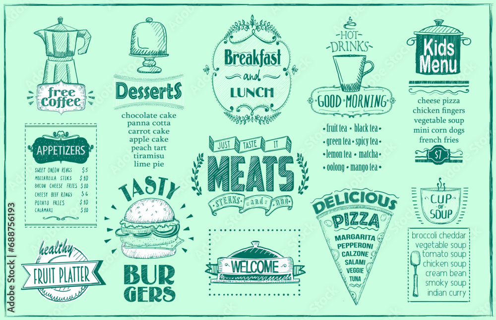 Old style menu list with breakfast and lunch, appetizers, desserts, drinks and kids menu meals