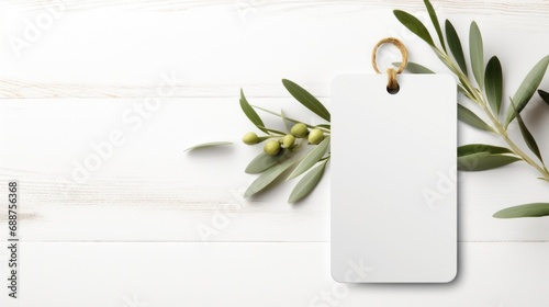 white blank tag with blank front realistic on a mockup template in a white wooden table with olive leaf branch photo