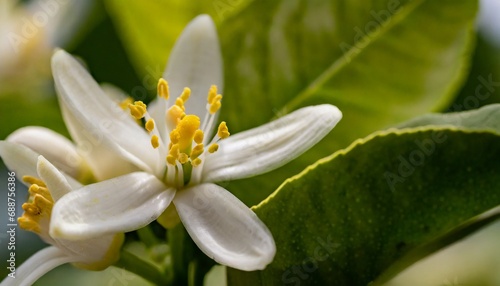 Extreme close-up of a lemon tree in blossoms emerging fruits in the heart of spring