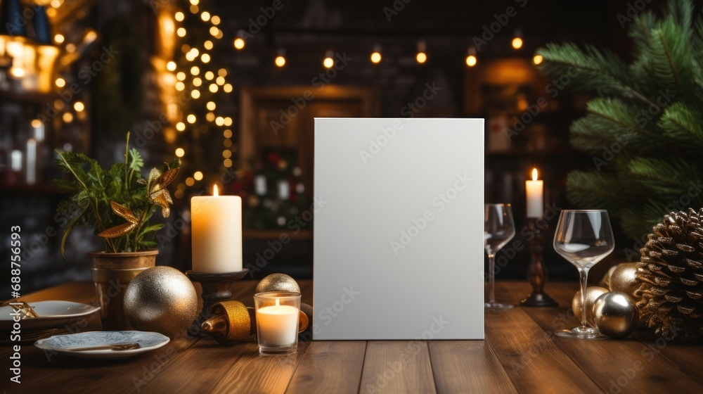 White greeting card with blank front, realistic on a mockup template in a wooden table in a christmas luxuty background in home inside, White greeting card with blank front, realistic on a mockup template in a wooden table in a christmas luxuty background in home inside,
