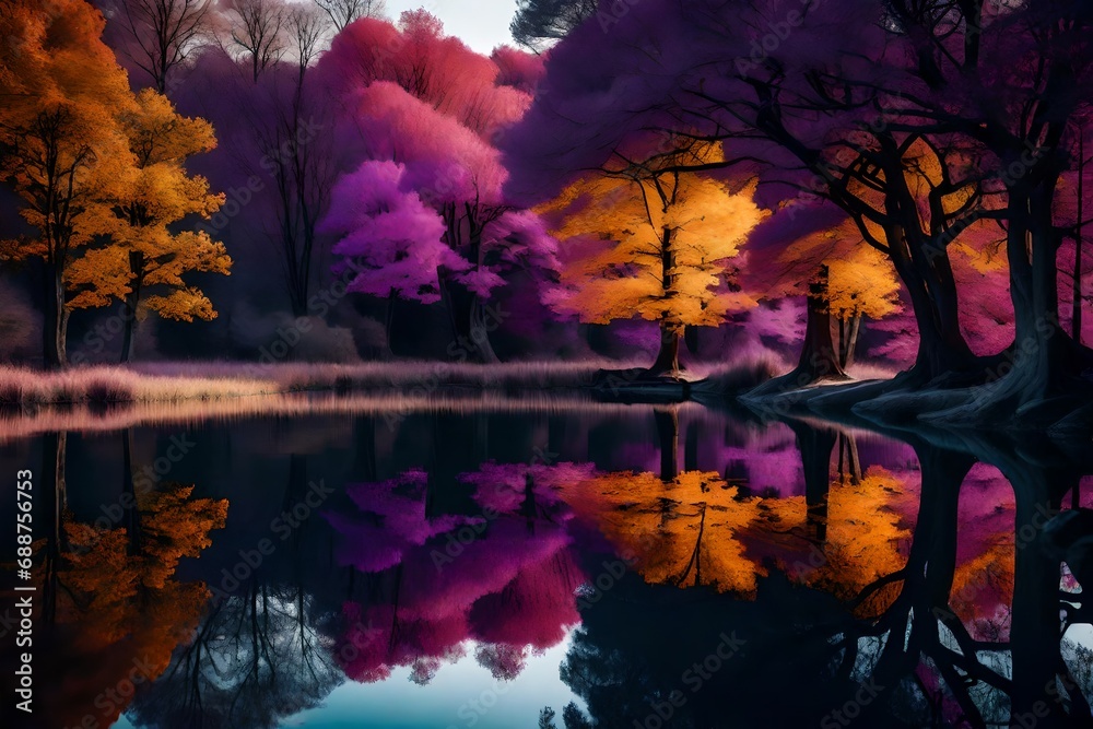 A purple lake reflects the moon and an autumn tree.