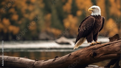 bald eagle standing on wood with wings spread, sunlight coming from behind