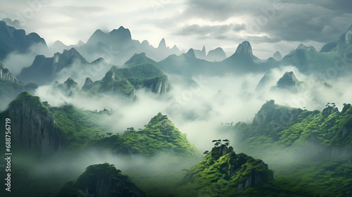 Some foggy green hills surrounded by mountains © l1gend